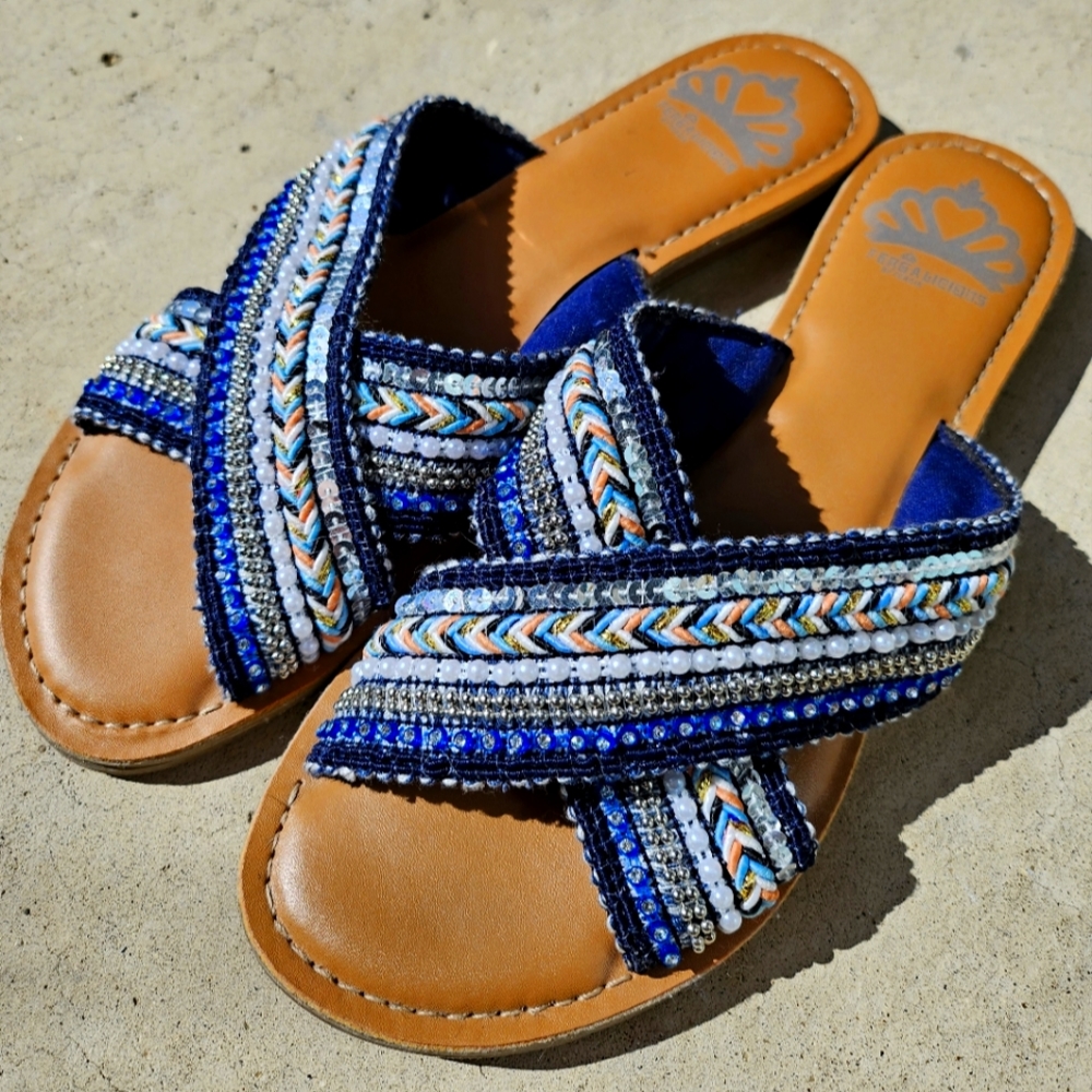 Blue Beaded Slide Sandals